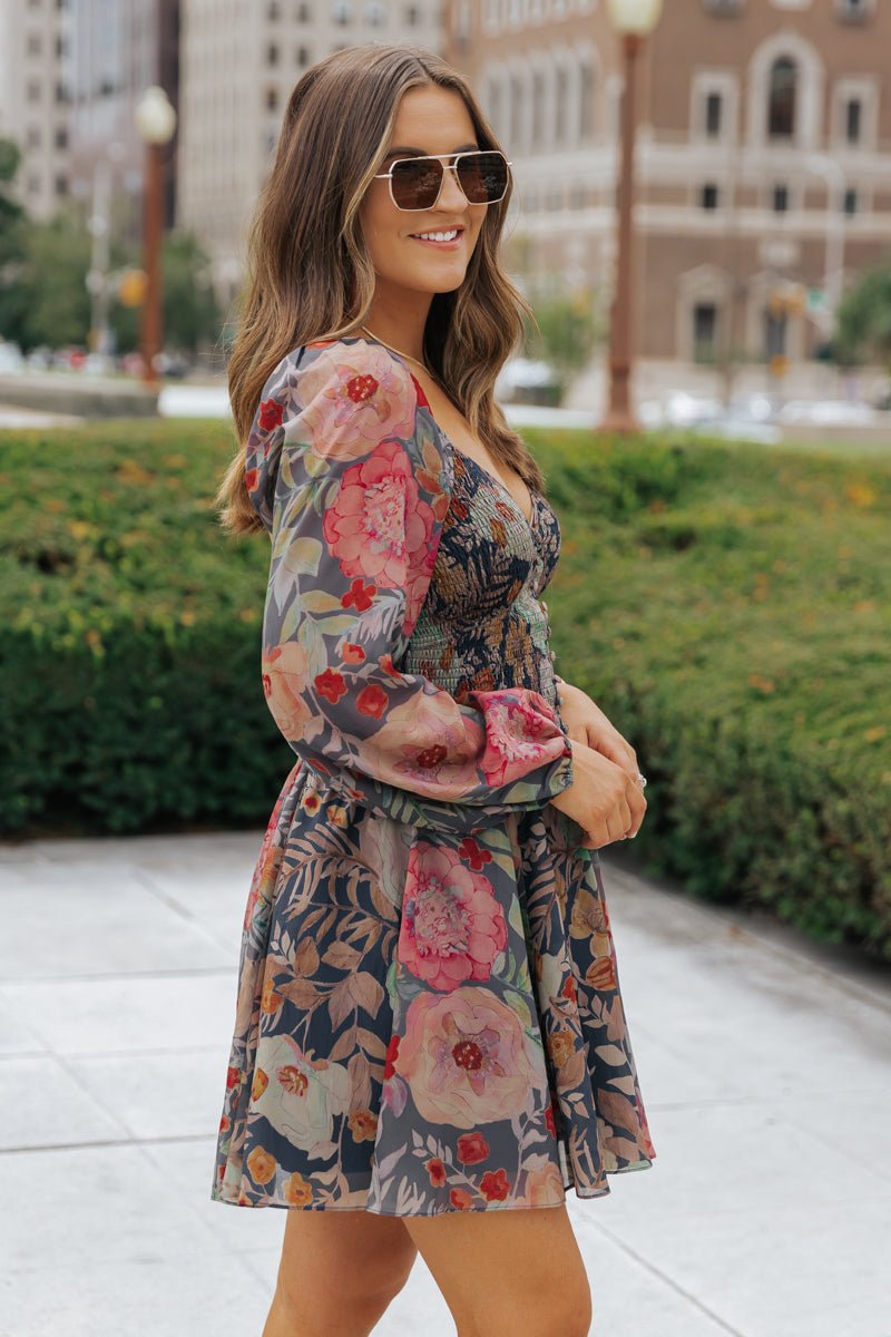 Navy Floral Print Mini Dress - Magnolia Boutique