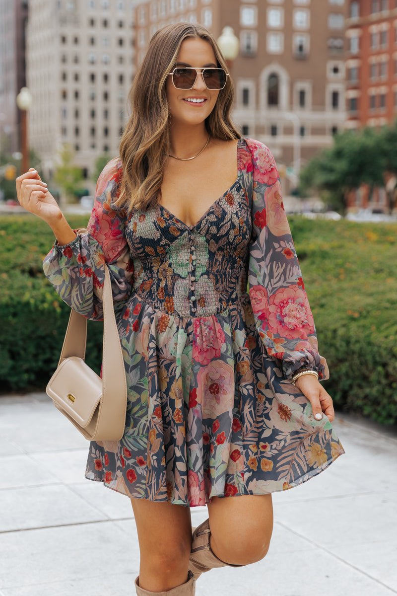 Navy Floral Print Mini Dress - Magnolia Boutique