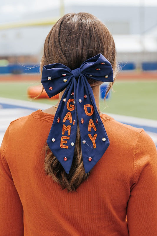 Navy Game Day Beaded Bow - Magnolia Boutique