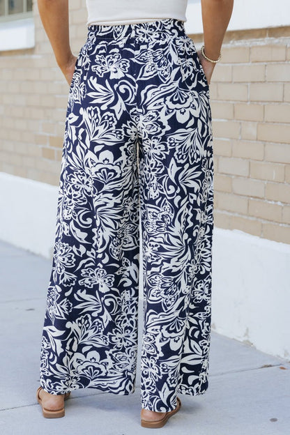 Navy Print Elastic Waist Wide Leg Pants - Magnolia Boutique