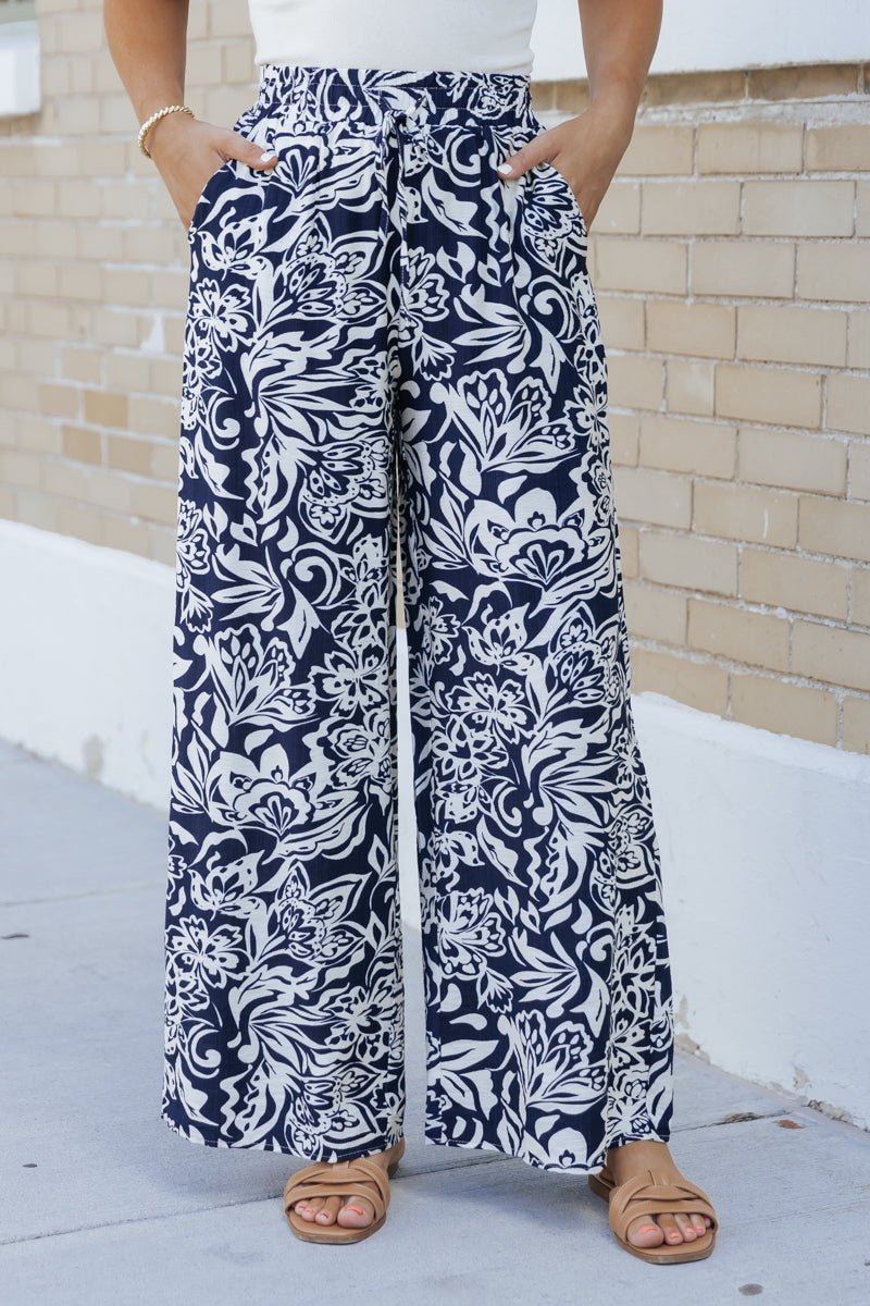 Navy Print Elastic Waist Wide Leg Pants - Magnolia Boutique