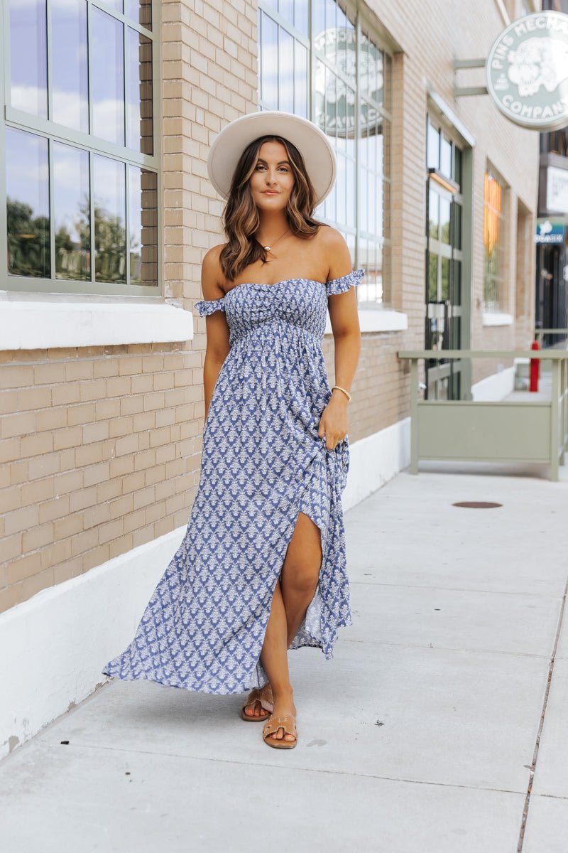 Navy Print Off The Shoulder Maxi Dress - Magnolia Boutique