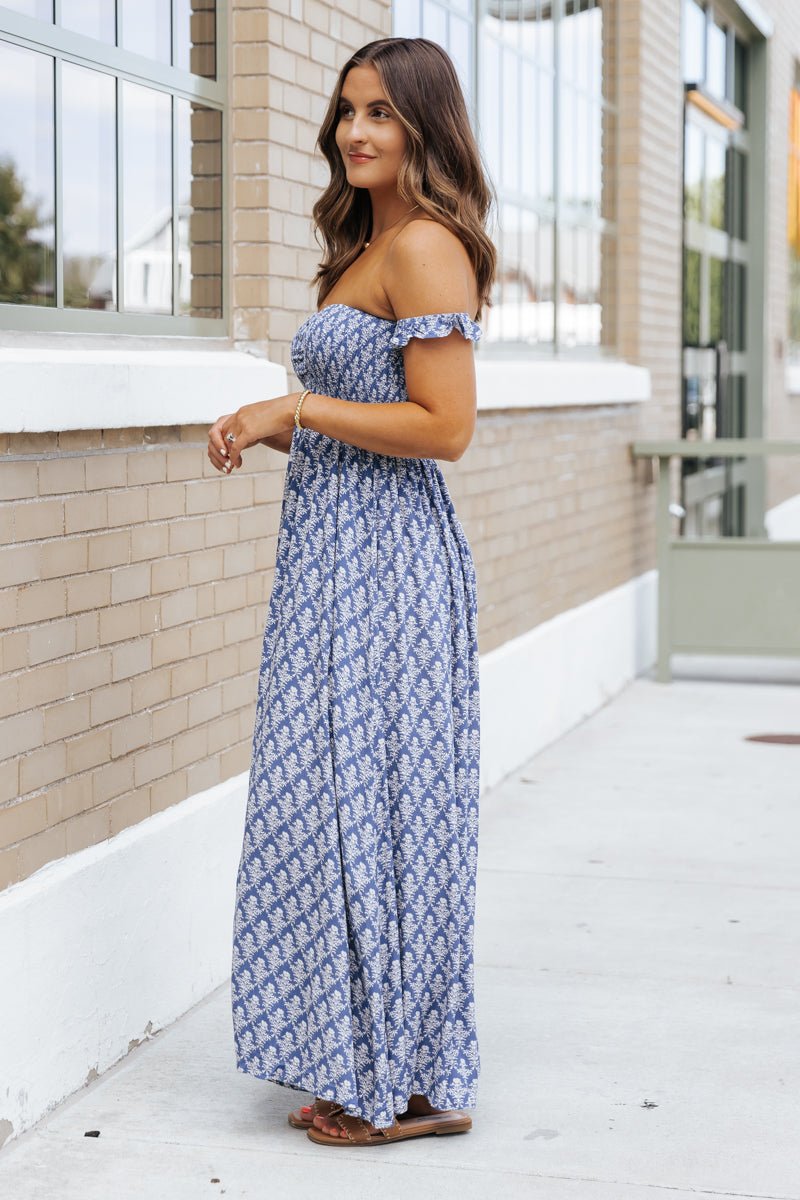 Navy Print Off The Shoulder Maxi Dress - Magnolia Boutique