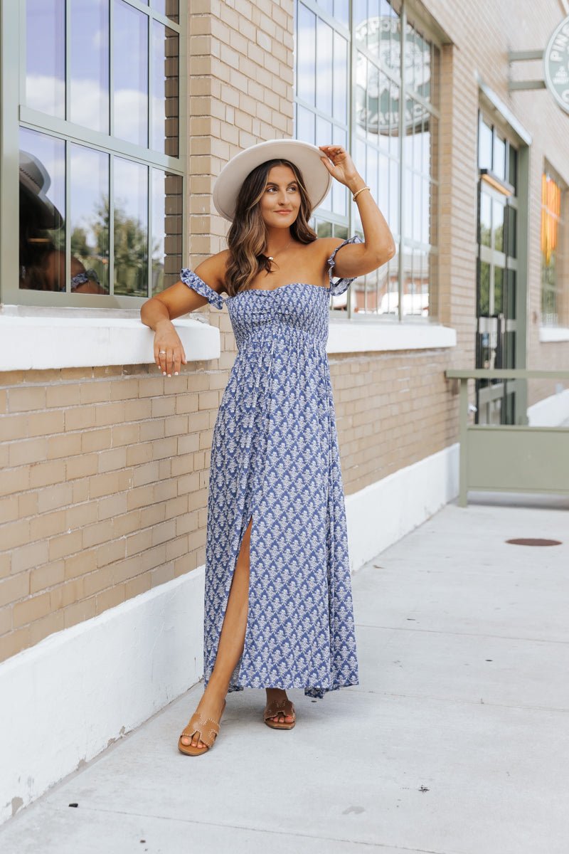 Navy Print Off The Shoulder Maxi Dress - Magnolia Boutique