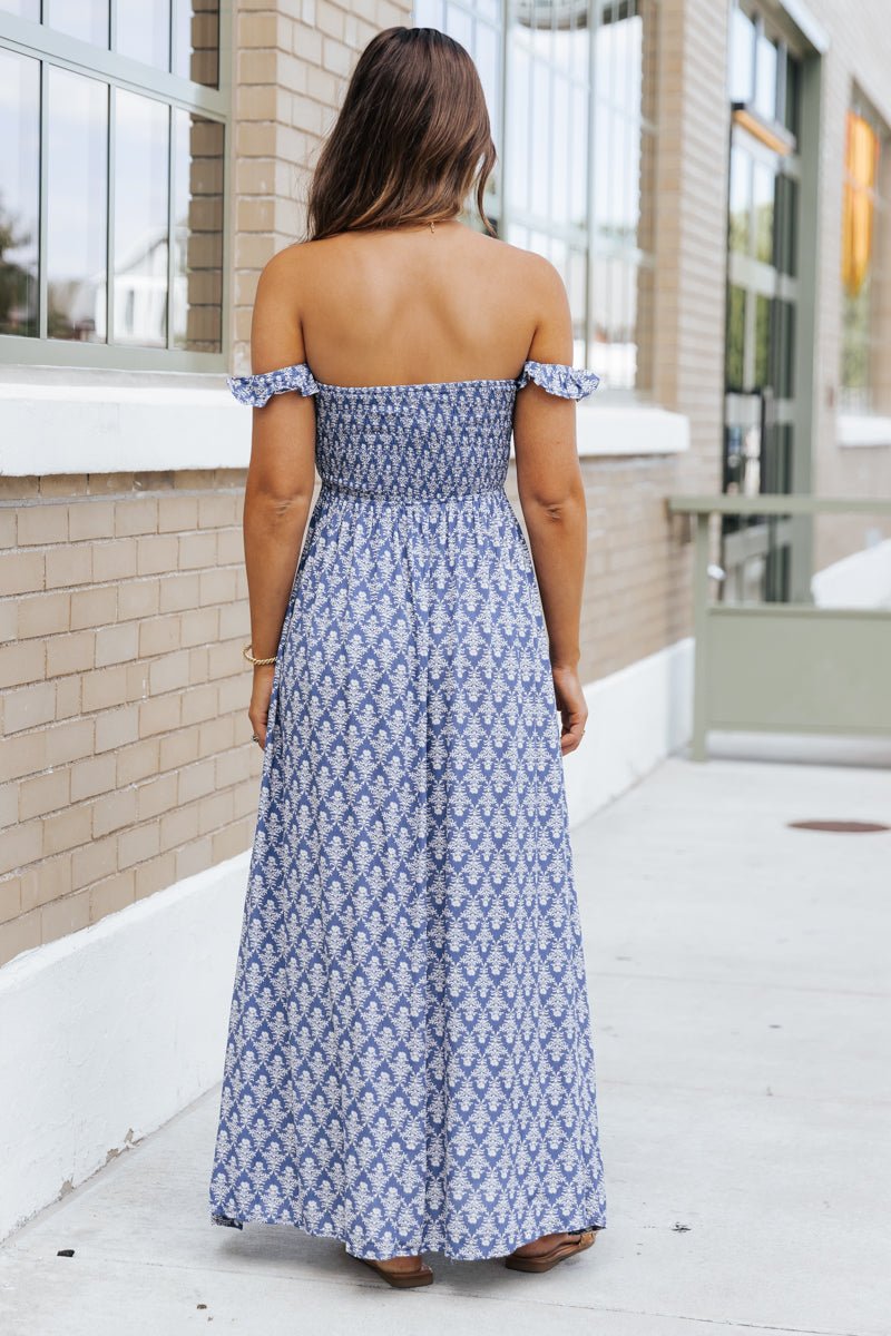 Navy Print Off The Shoulder Maxi Dress - Magnolia Boutique