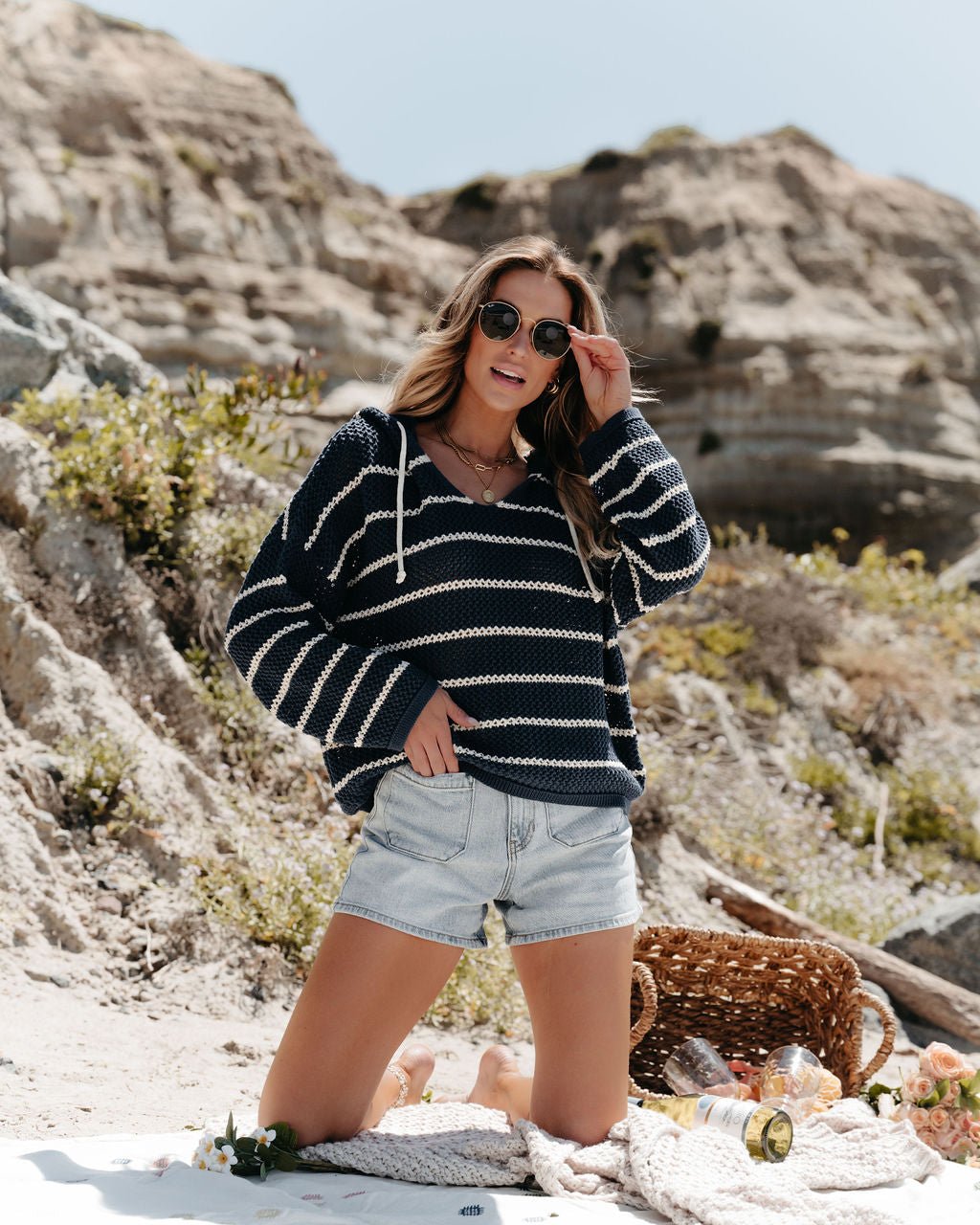 Navy Stripe Knit Hooded Sweater - Magnolia Boutique