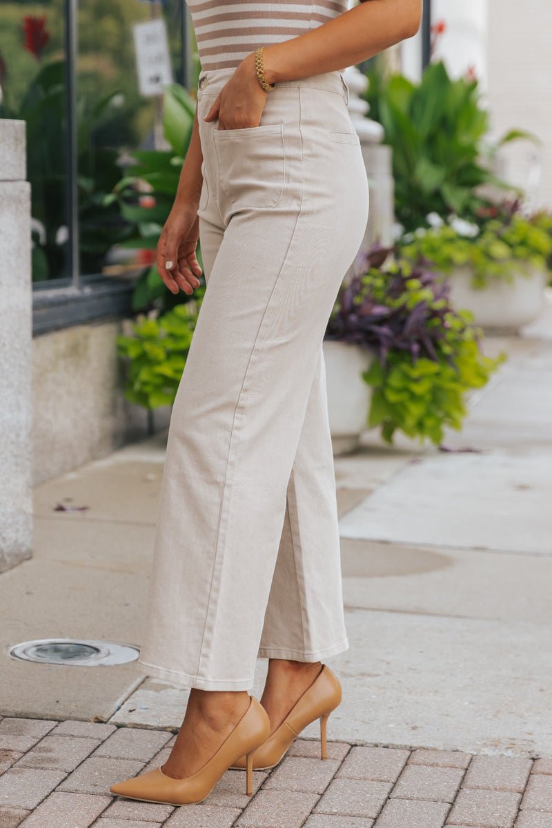 Neutral High Waisted Wide Leg Pants - Stone - Magnolia Boutique