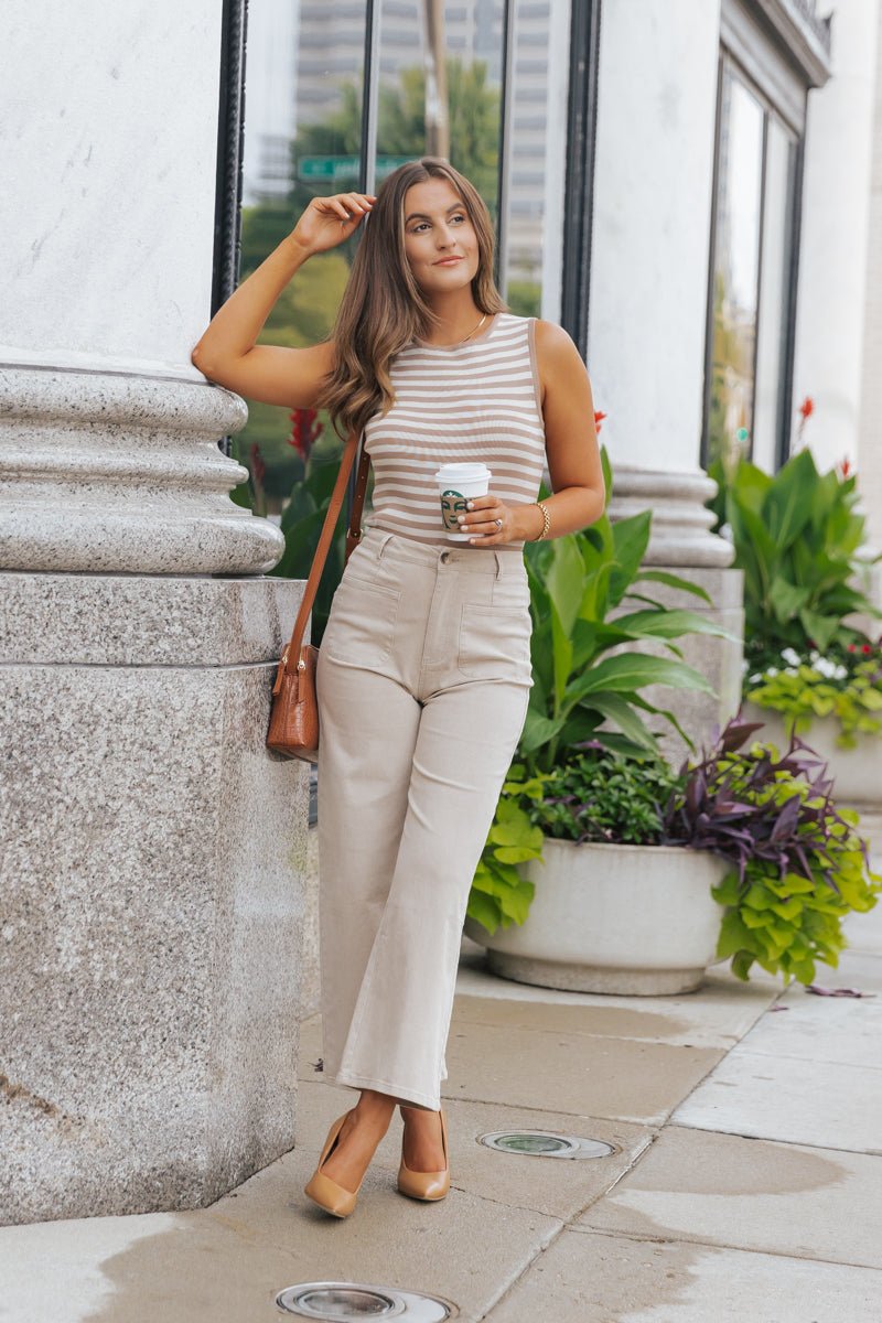 Neutral High Waisted Wide Leg Pants - Stone - Magnolia Boutique