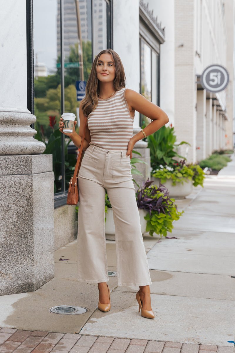 Neutral High Waisted Wide Leg Pants - Stone - Magnolia Boutique