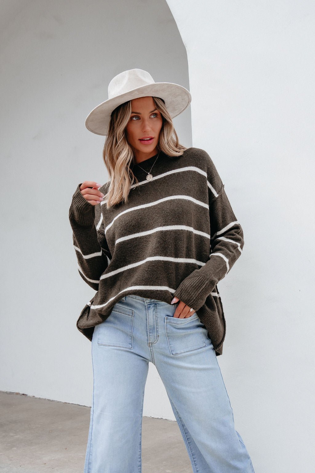 Next To Me Olive Striped Pullover Sweater - Magnolia Boutique