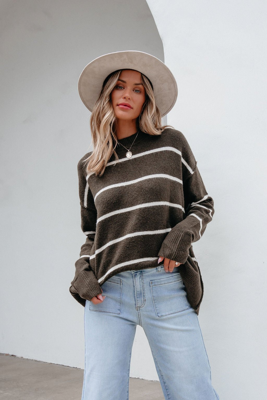 Next To Me Olive Striped Pullover Sweater - Magnolia Boutique