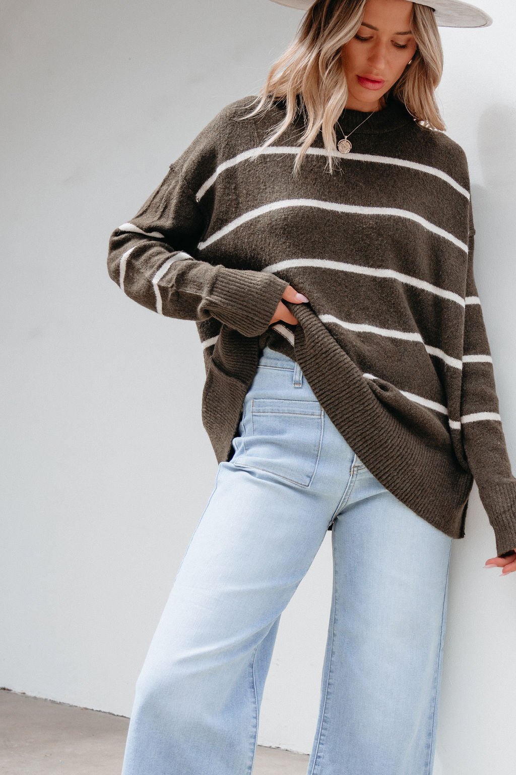 Next To Me Olive Striped Pullover Sweater - Magnolia Boutique