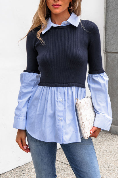Woman in the Steve Madden Lenny Top - Navy, jeans, and holding a white woven clutch.