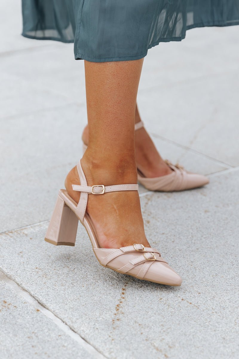 Nude Pointed Toe Block Heels - Magnolia Boutique