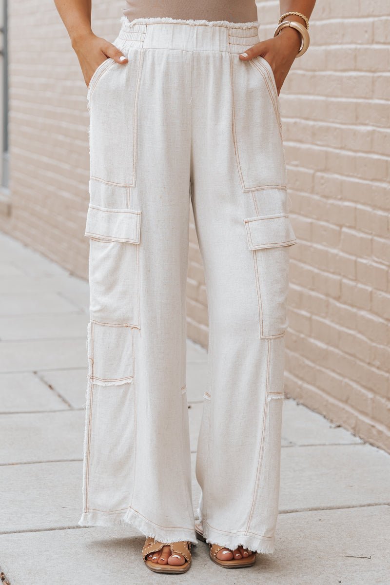 Oatmeal Cargo Linen Wide Leg Pants - Magnolia Boutique