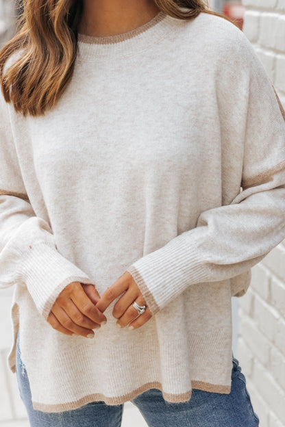 Oatmeal Contrast Detail Pullover Sweater - Magnolia Boutique