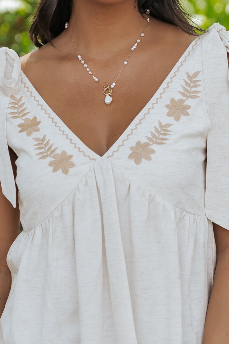 Oatmeal Embroidered Linen Top - Magnolia Boutique