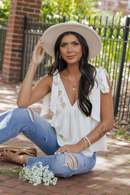 Oatmeal Embroidered Linen Top - Magnolia Boutique