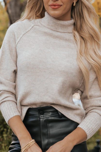 Oatmeal Raglan Sleeve Turtleneck Sweater