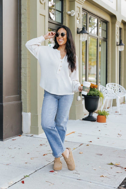 Oatmeal Seam Detail Button Up Top - Magnolia Boutique