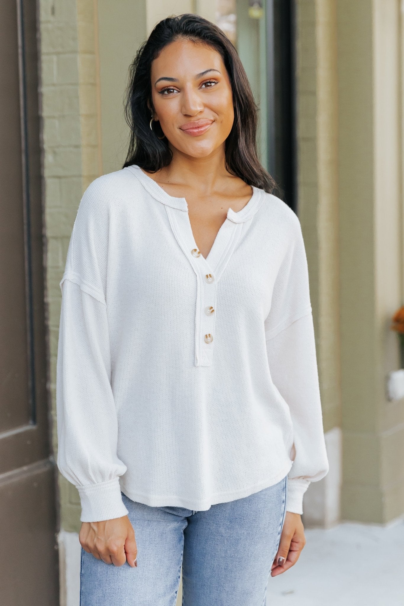 Oatmeal Seam Detail Button Up Top - Magnolia Boutique