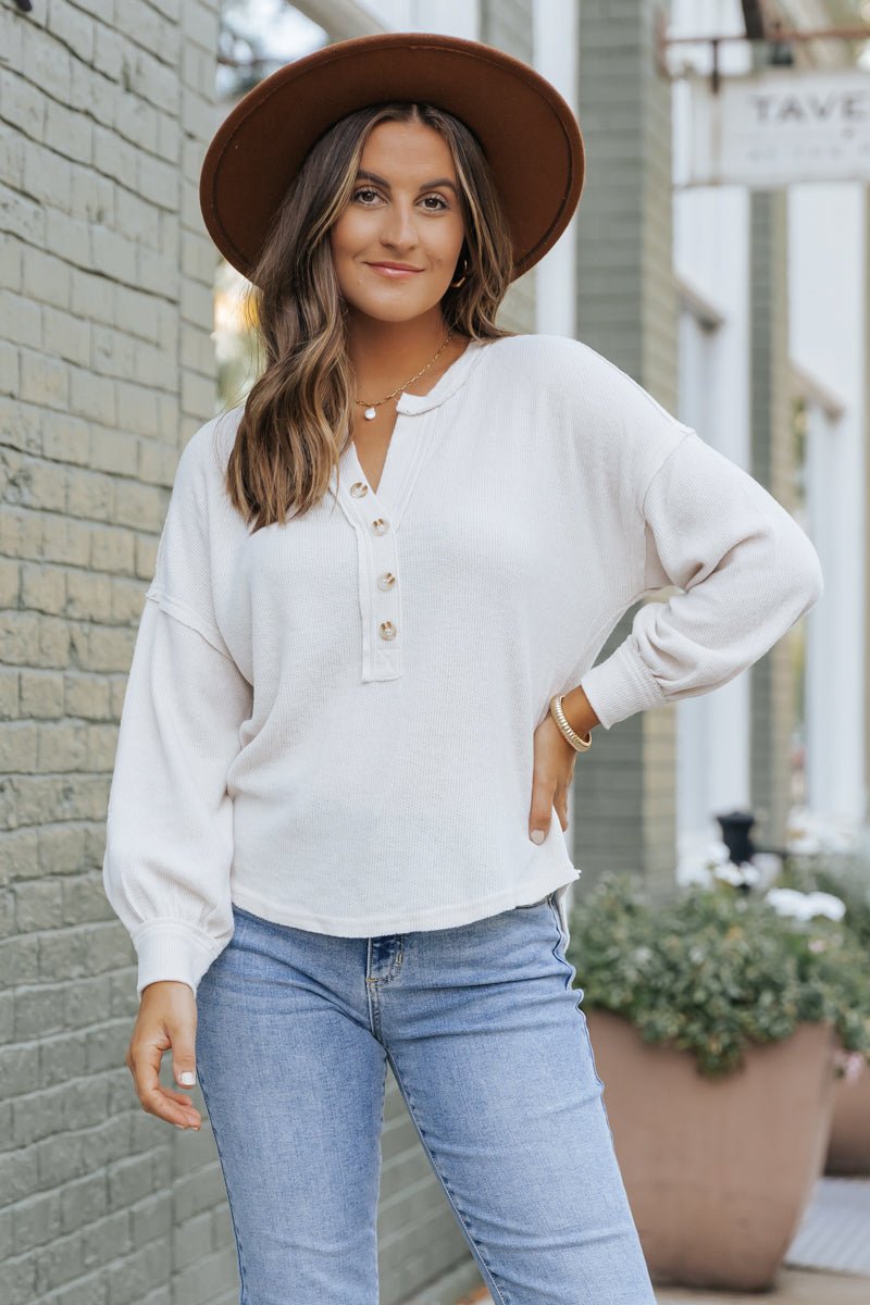 Oatmeal Seam Detail Button Up Top - Magnolia Boutique