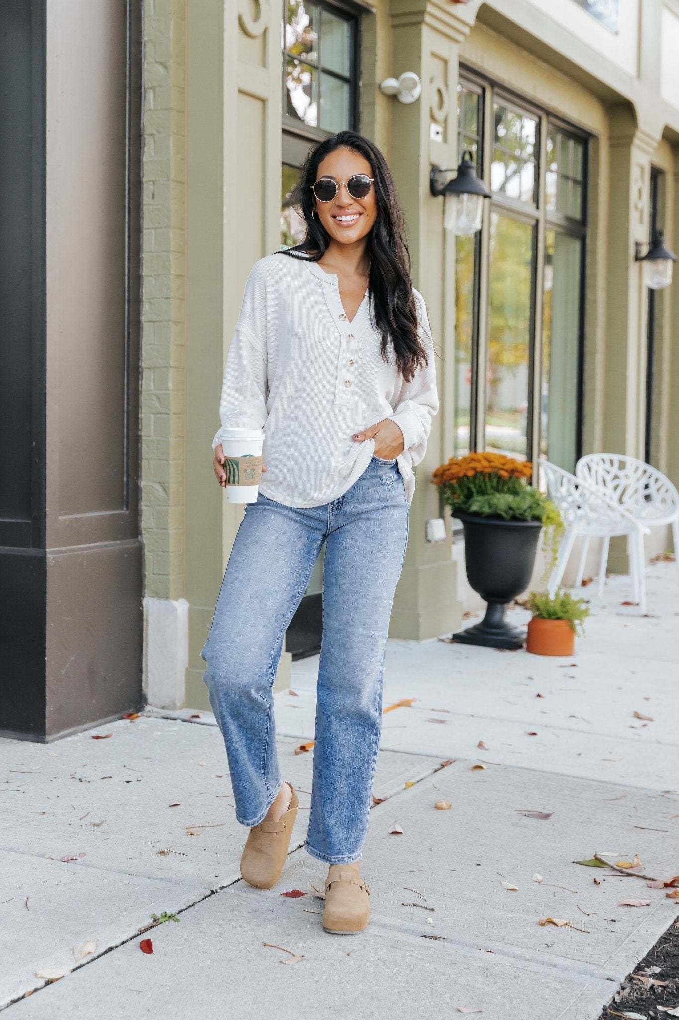 Oatmeal Seam Detail Button Up Top - Magnolia Boutique