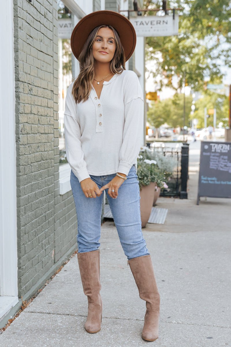 Oatmeal Seam Detail Button Up Top - Magnolia Boutique