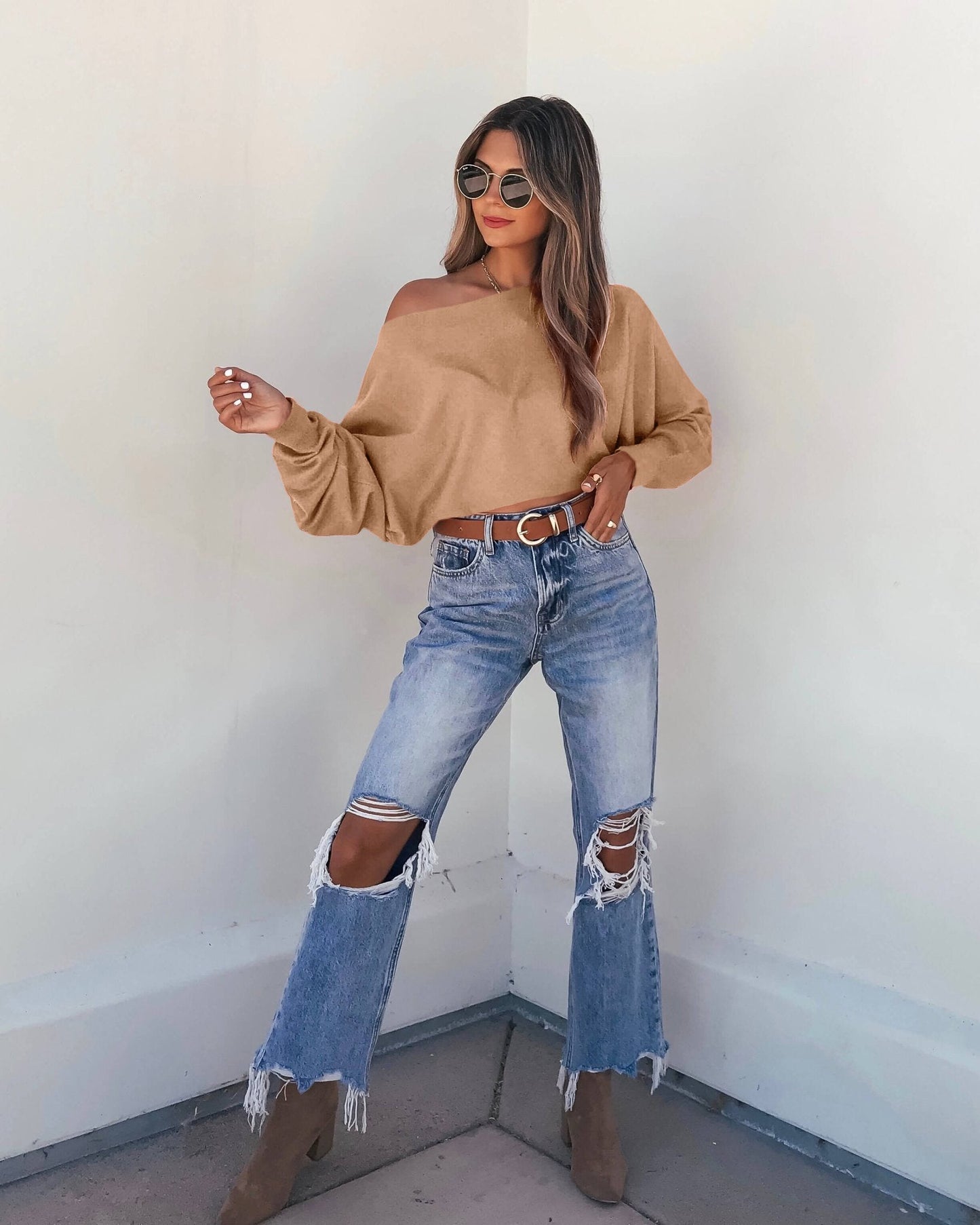 Off The Shoulder Cashmere Sweater - Camel - Magnolia Boutique