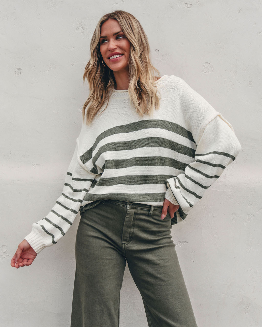 Olive and Cream Striped Pullover Sweater | Pre Order - Magnolia Boutique