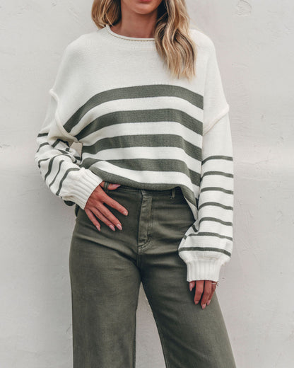 Olive and Cream Striped Pullover Sweater | Pre Order - Magnolia Boutique