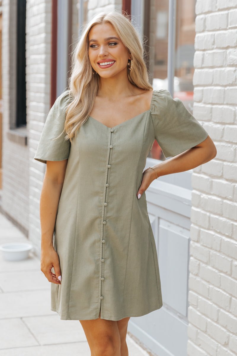 Olive Bell Sleeve Linen Mini Dress - Magnolia Boutique