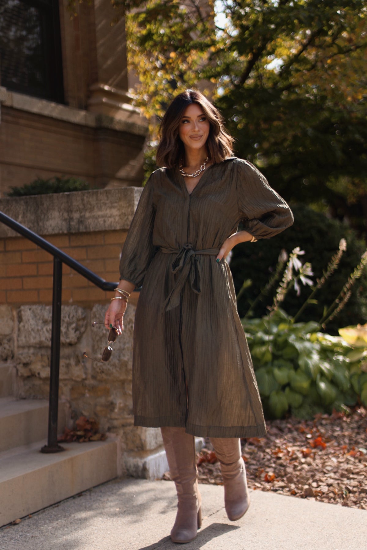 Olive Button Down Belted Midi Dress - Magnolia Boutique