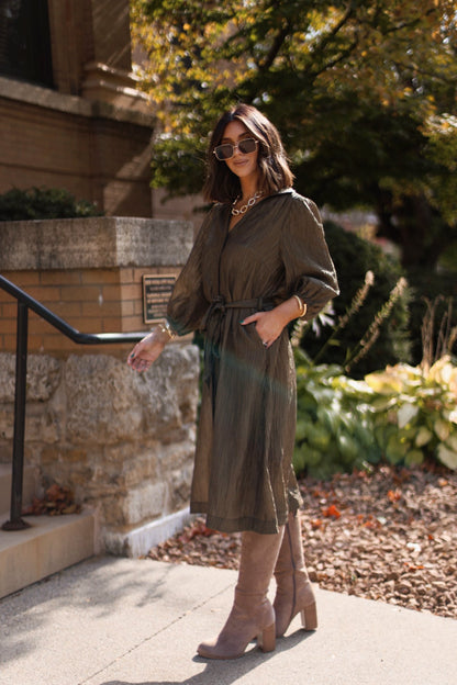 Olive Button Down Belted Midi Dress - Magnolia Boutique