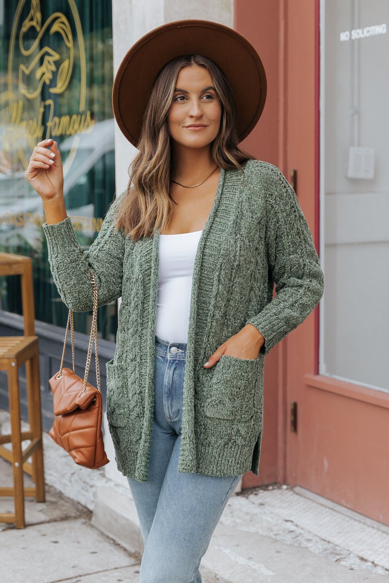 Olive Cable Knit Open Front Cardigan - Magnolia Boutique