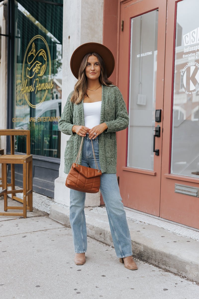 Olive Cable Knit Open Front Cardigan - Magnolia Boutique