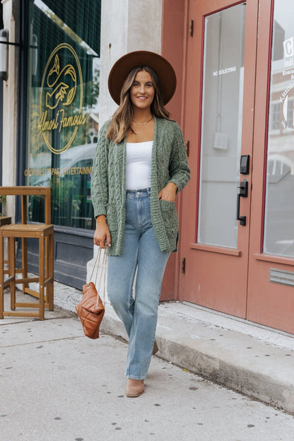 Olive Cable Knit Open Front Cardigan - Magnolia Boutique