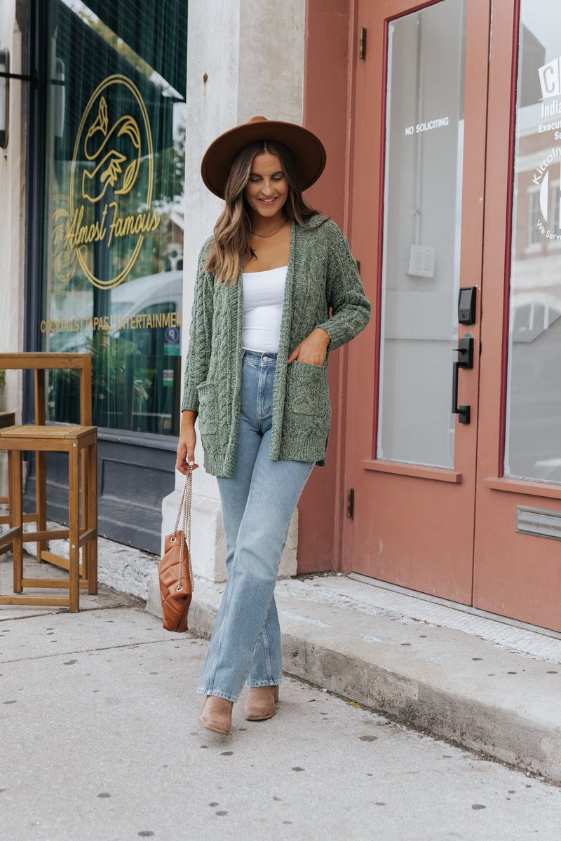 Olive Cable Knit Open Front Cardigan - Magnolia Boutique