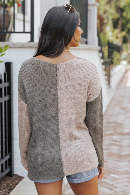 Olive Color Block V Neck Sweater - Magnolia Boutique