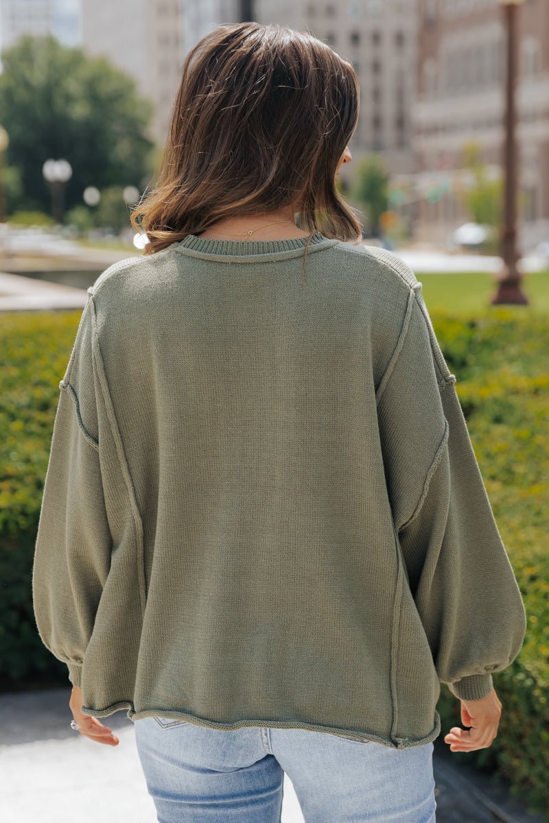 Olive Exposed Seam Pocket Sweater - Magnolia Boutique