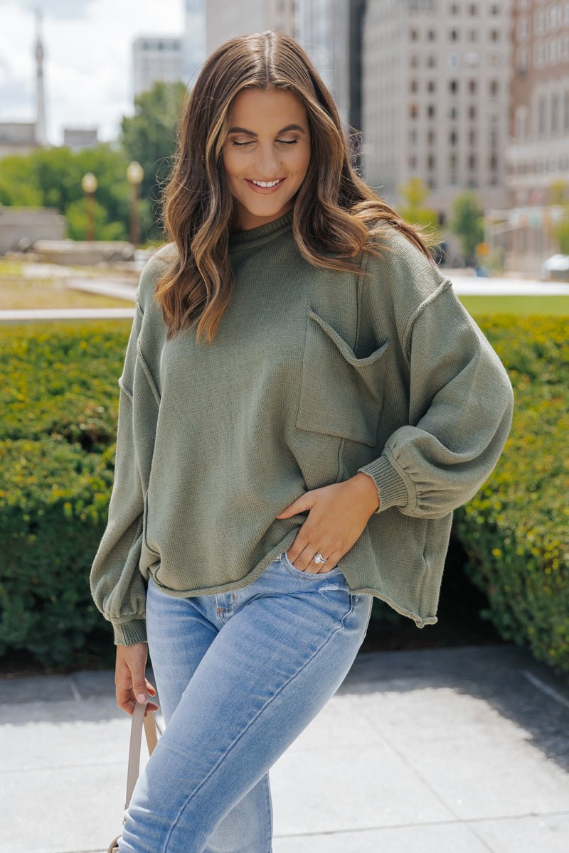 Olive Exposed Seam Pocket Sweater - Magnolia Boutique