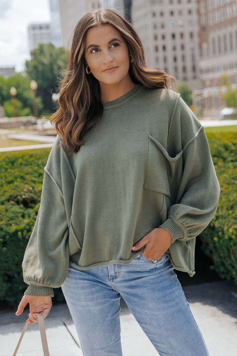 Olive Exposed Seam Pocket Sweater - Magnolia Boutique