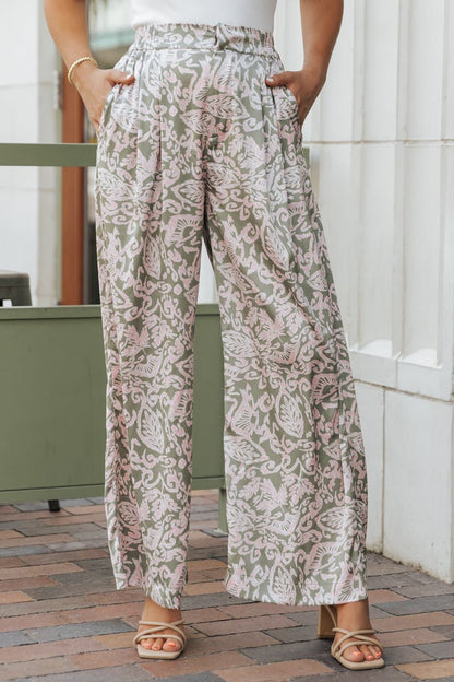 Olive Floral Print Satin Palazzo Pants - Magnolia Boutique