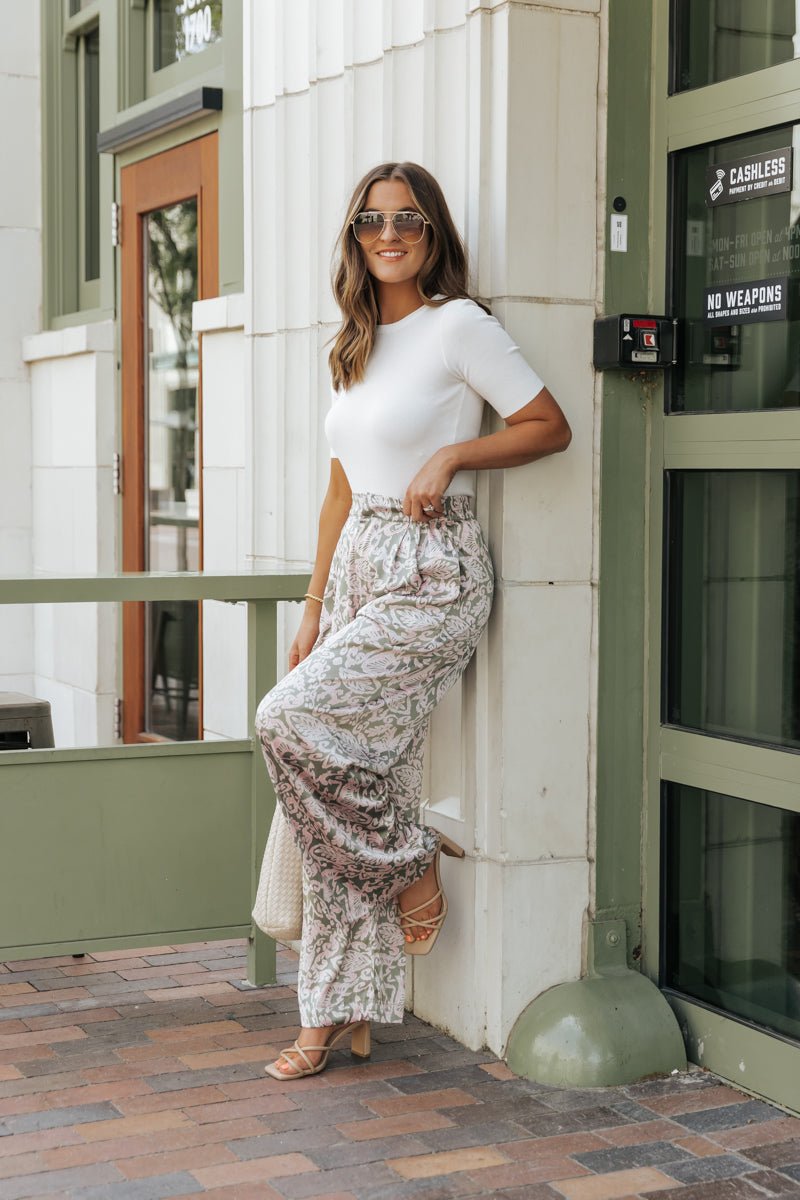 Olive Floral Print Satin Palazzo Pants - Magnolia Boutique