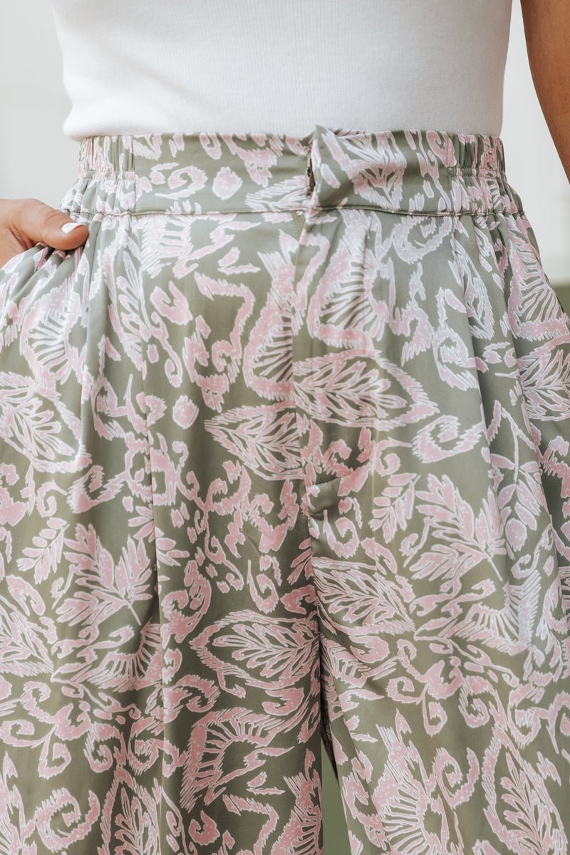 Olive Floral Print Satin Palazzo Pants - Magnolia Boutique