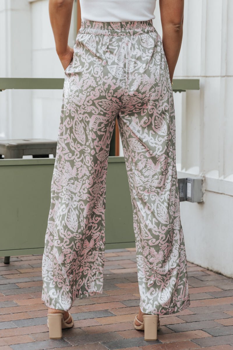 Olive Floral Print Satin Palazzo Pants - Magnolia Boutique