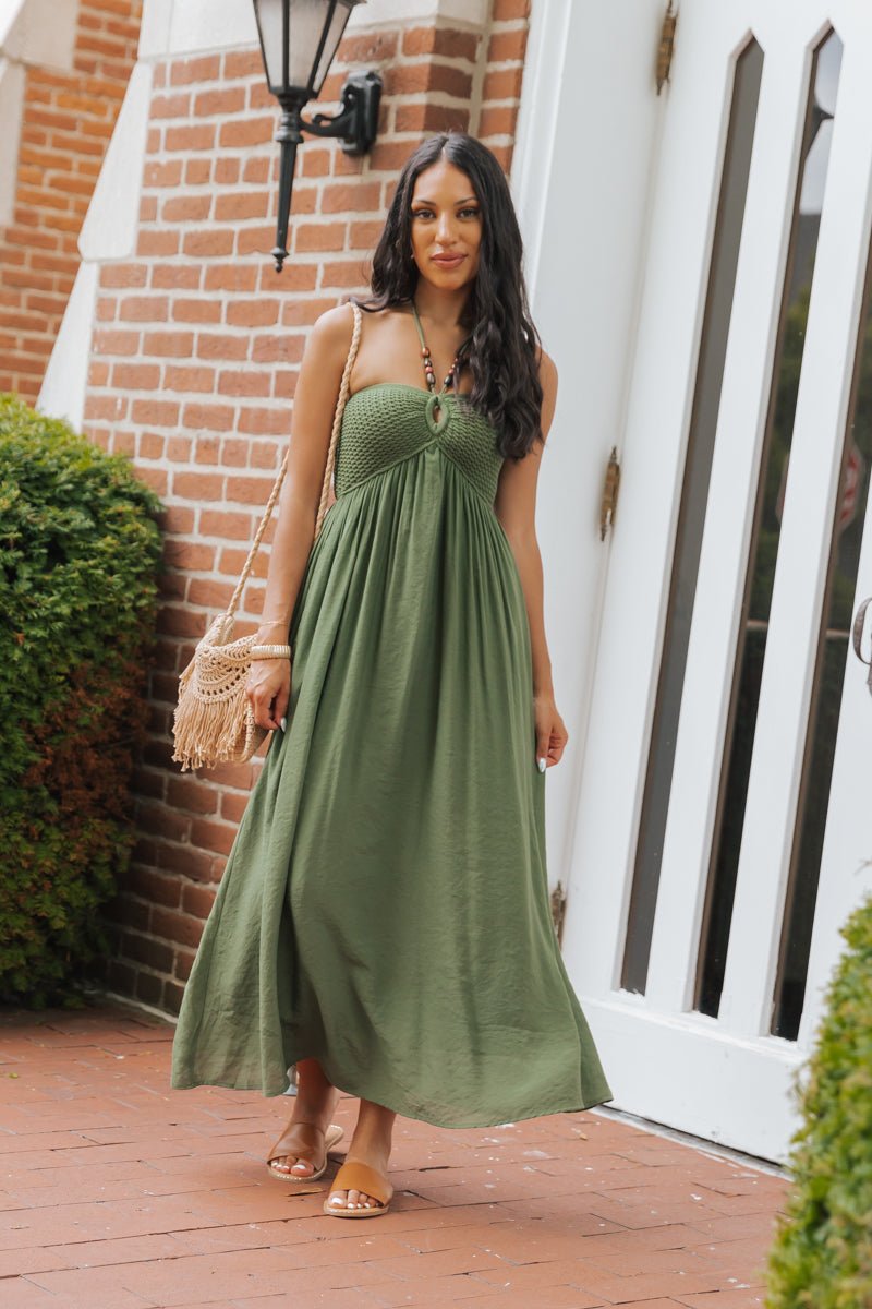 Olive Halter Beaded Ruched Maxi Dress - Magnolia Boutique