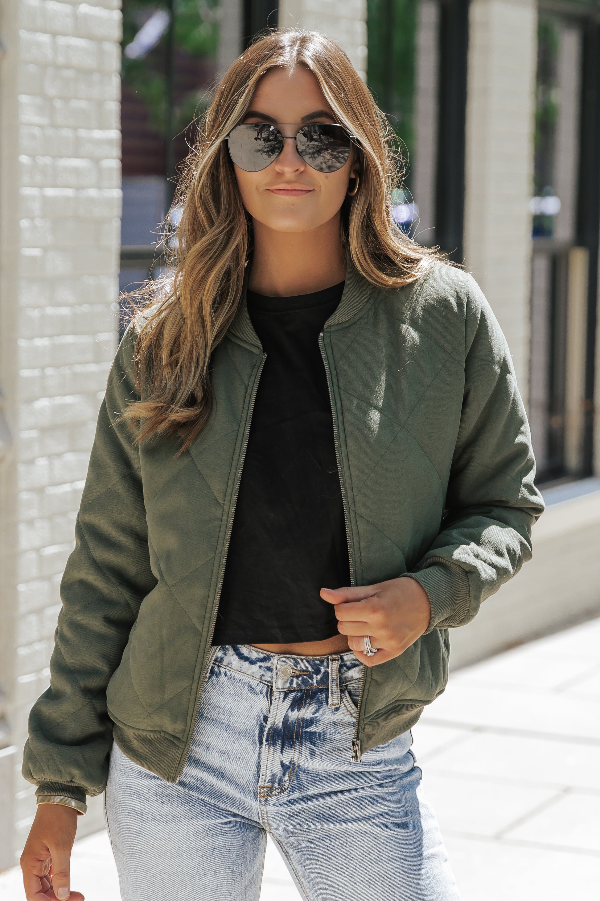 Olive Quilted Bomber Jacket