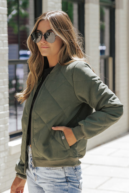 Olive Quilted Bomber Jacket