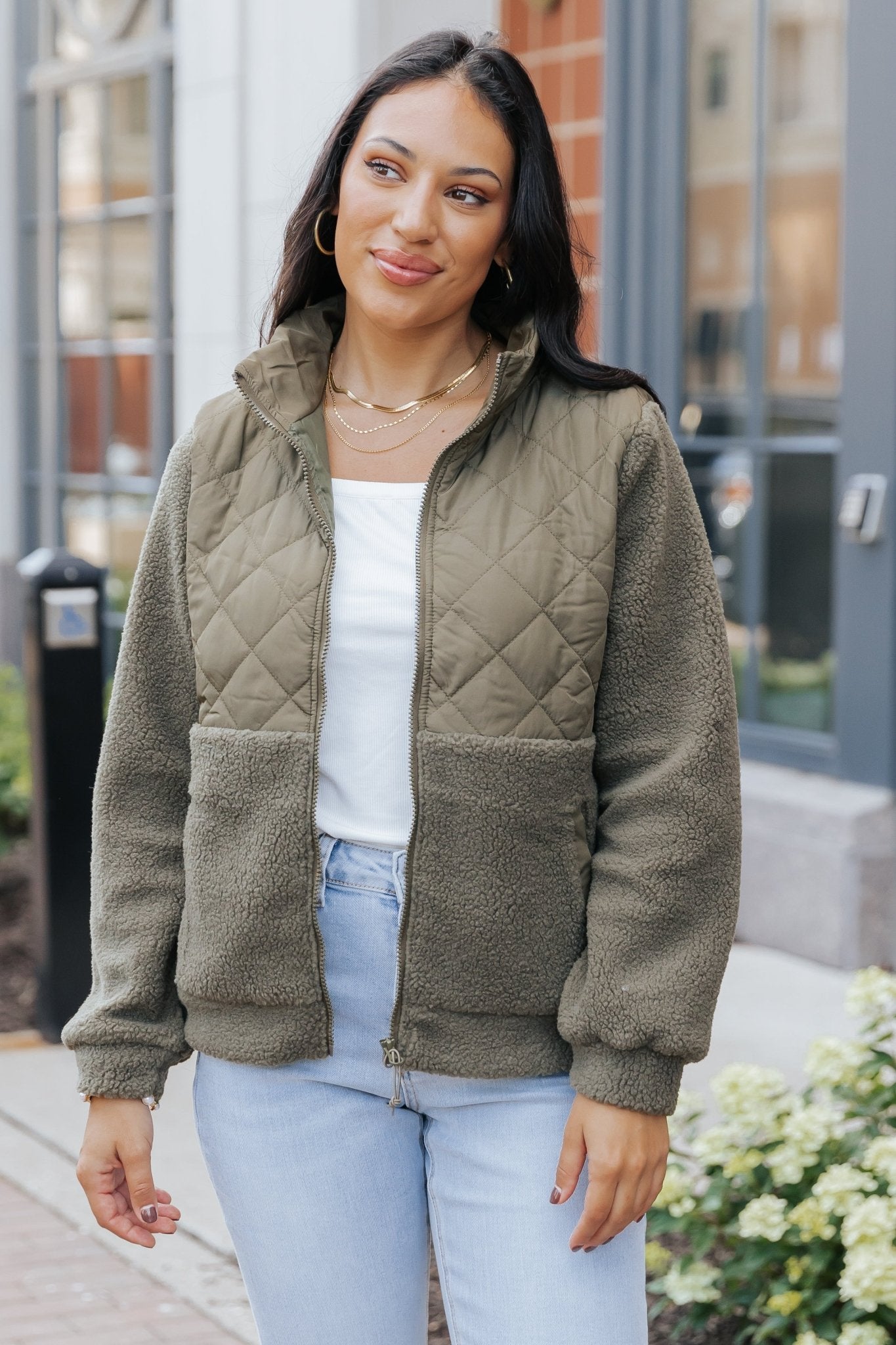 Olive Quilted Zip Up Fleece Jacket - Magnolia Boutique